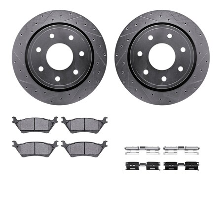 Rear - Dynamic Friction Company Brake Rotors - Drill/Slot - Silver with Ceramic Brake Pads and Hardware Kit 7312-54207